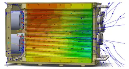 airflow patterns and temperature distribution within a liquid-cooled embedded computing chassis.