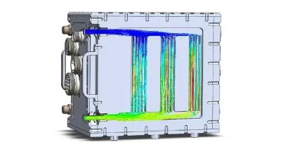 coolant flow paths and temperature distribution within a liquid-cooled embedded computing chassis.