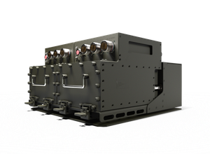 LCR VE03 ruggedized electronic equipment unit featuring a dark gray metal enclosure, multiple circular electrical connectors, front access panels with metal handles, and a reinforced mounting base.